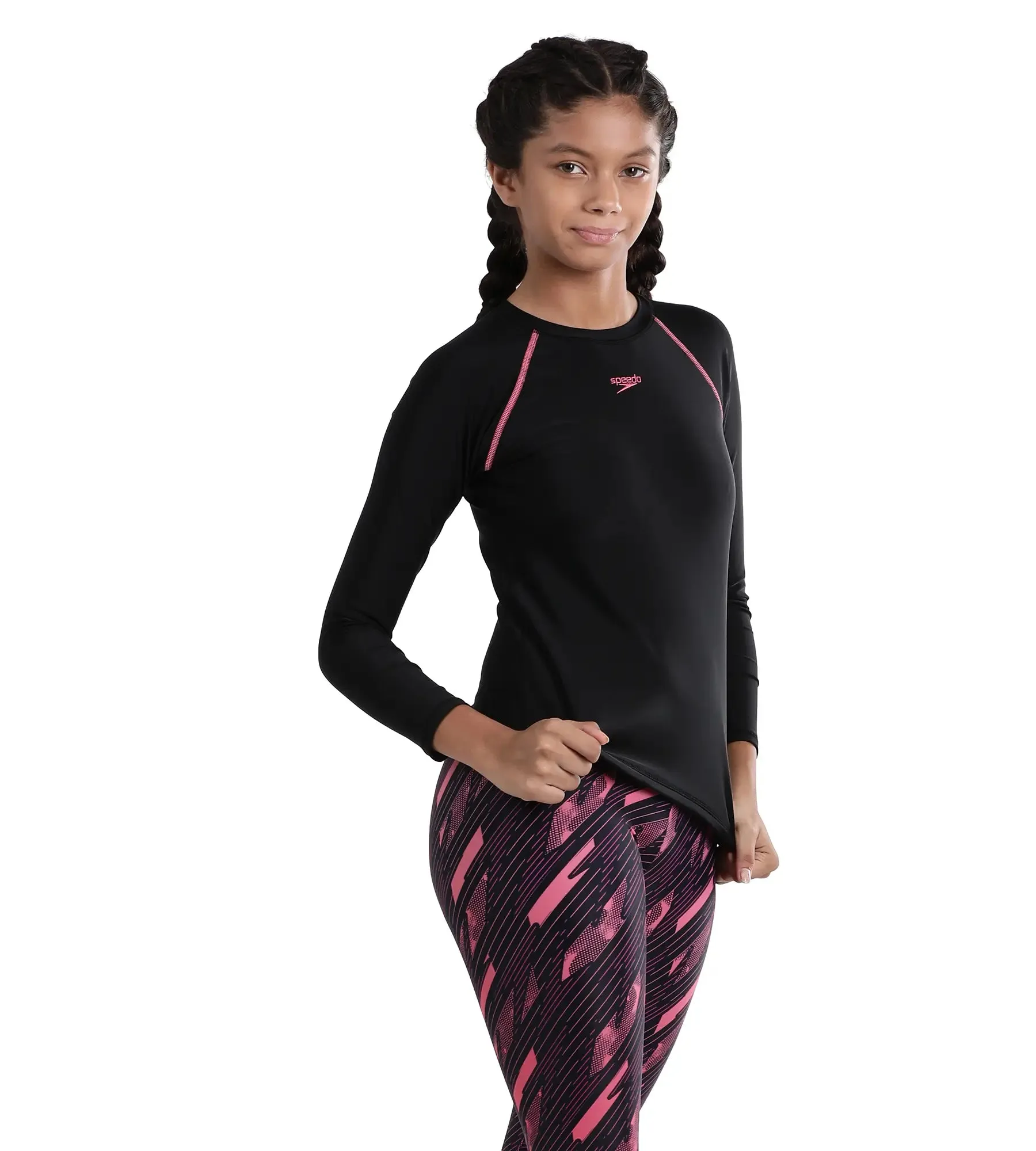 Girl's Endurance Solid Long Sleeve Suntop - Black  &  Fandango Pink