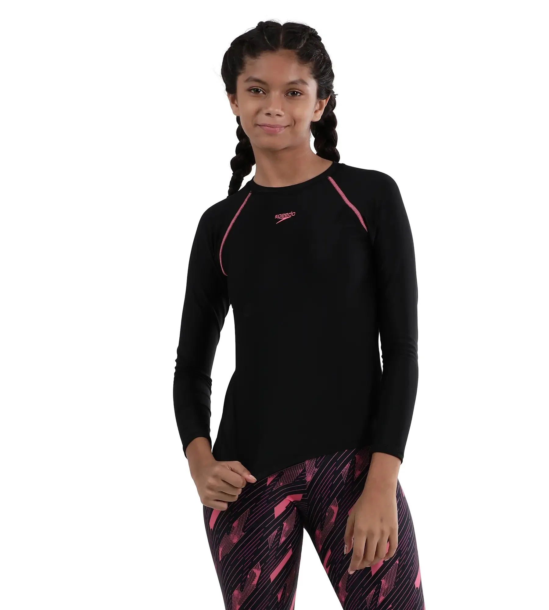 Girl's Endurance Solid Long Sleeve Suntop - Black  &  Fandango Pink