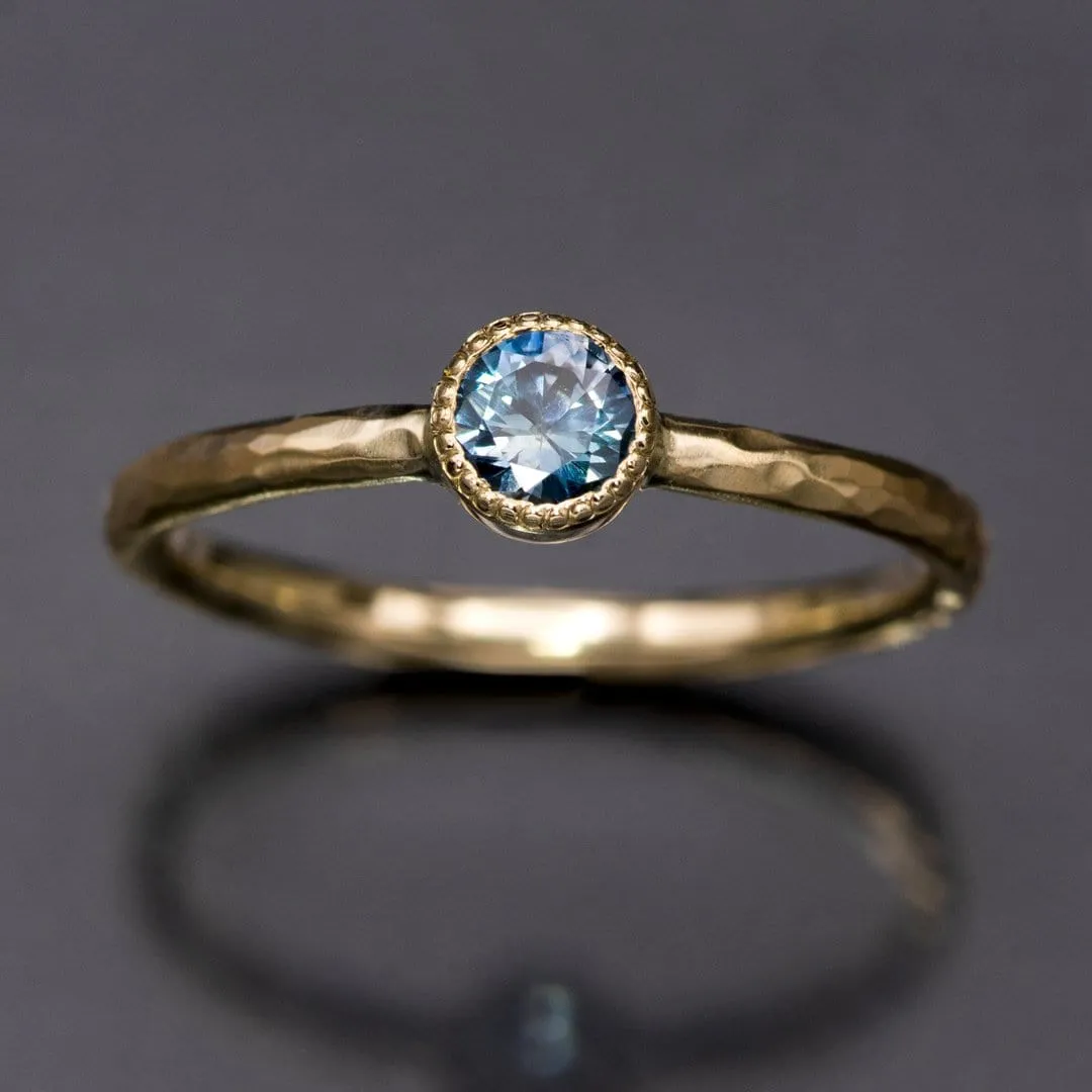 Green/Blue Teal Montana Sapphire Milgrain Textured Bezel Skinny Stacking Solitaire Ring