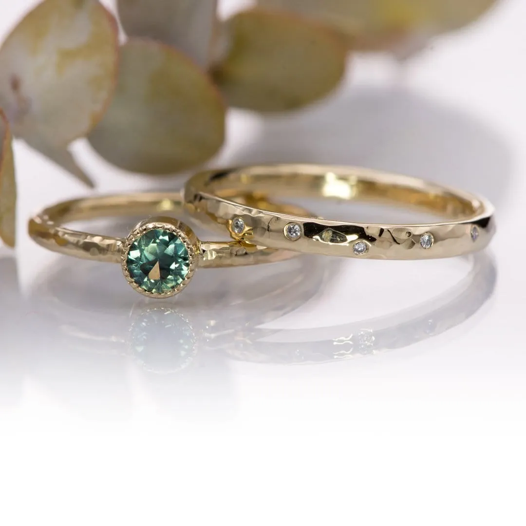 Green/Blue Teal Montana Sapphire Milgrain Textured Bezel Skinny Stacking Solitaire Ring