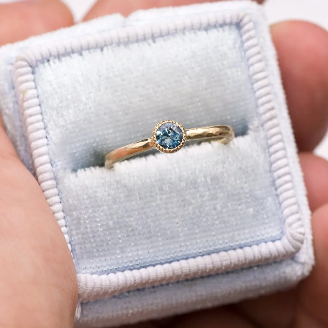 Green/Blue Teal Montana Sapphire Milgrain Textured Bezel Skinny Stacking Solitaire Ring