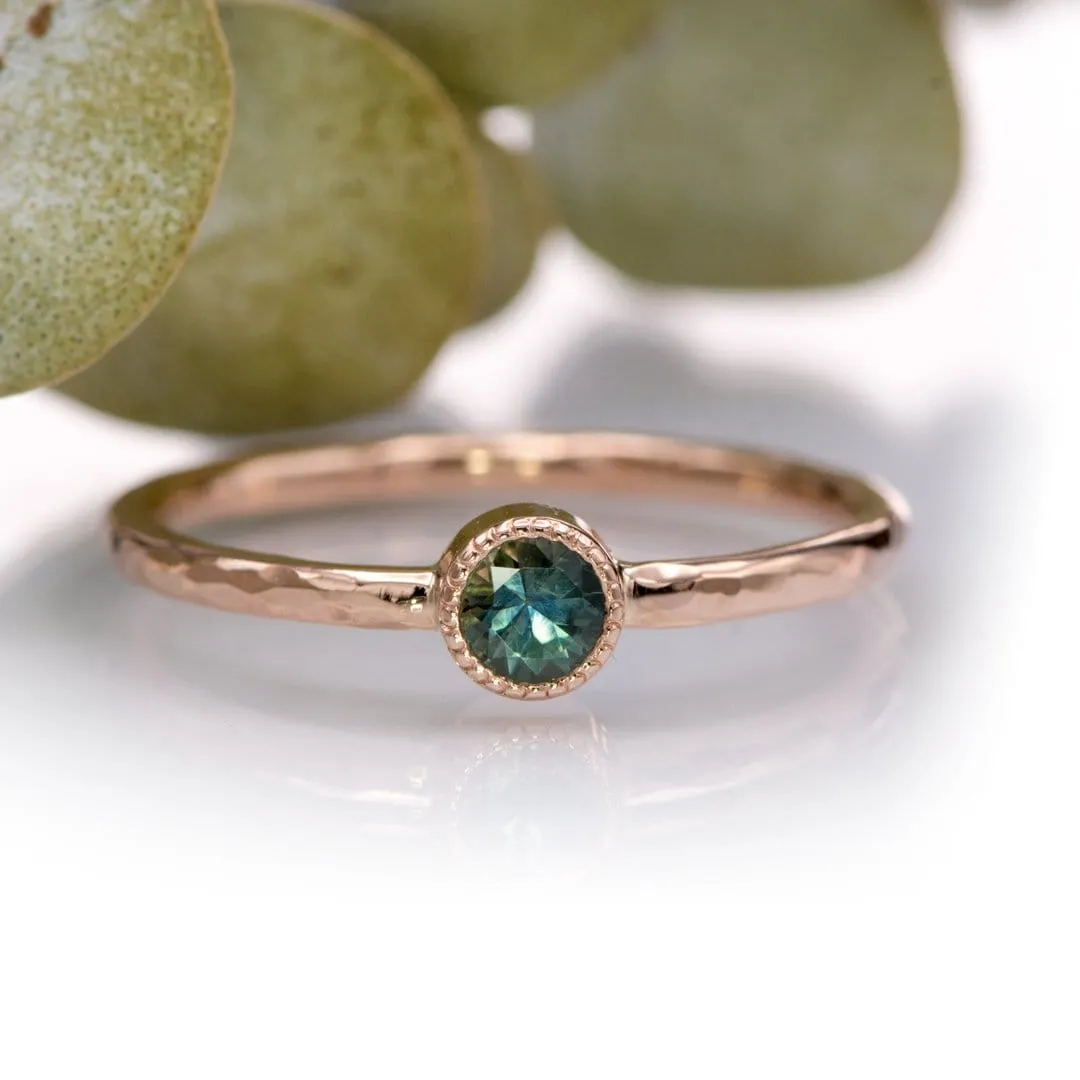 Green/Blue Teal Montana Sapphire Milgrain Textured Bezel Skinny Stacking Solitaire Ring