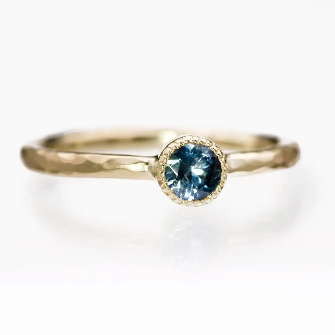 Green/Blue Teal Montana Sapphire Milgrain Textured Bezel Skinny Stacking Solitaire Ring