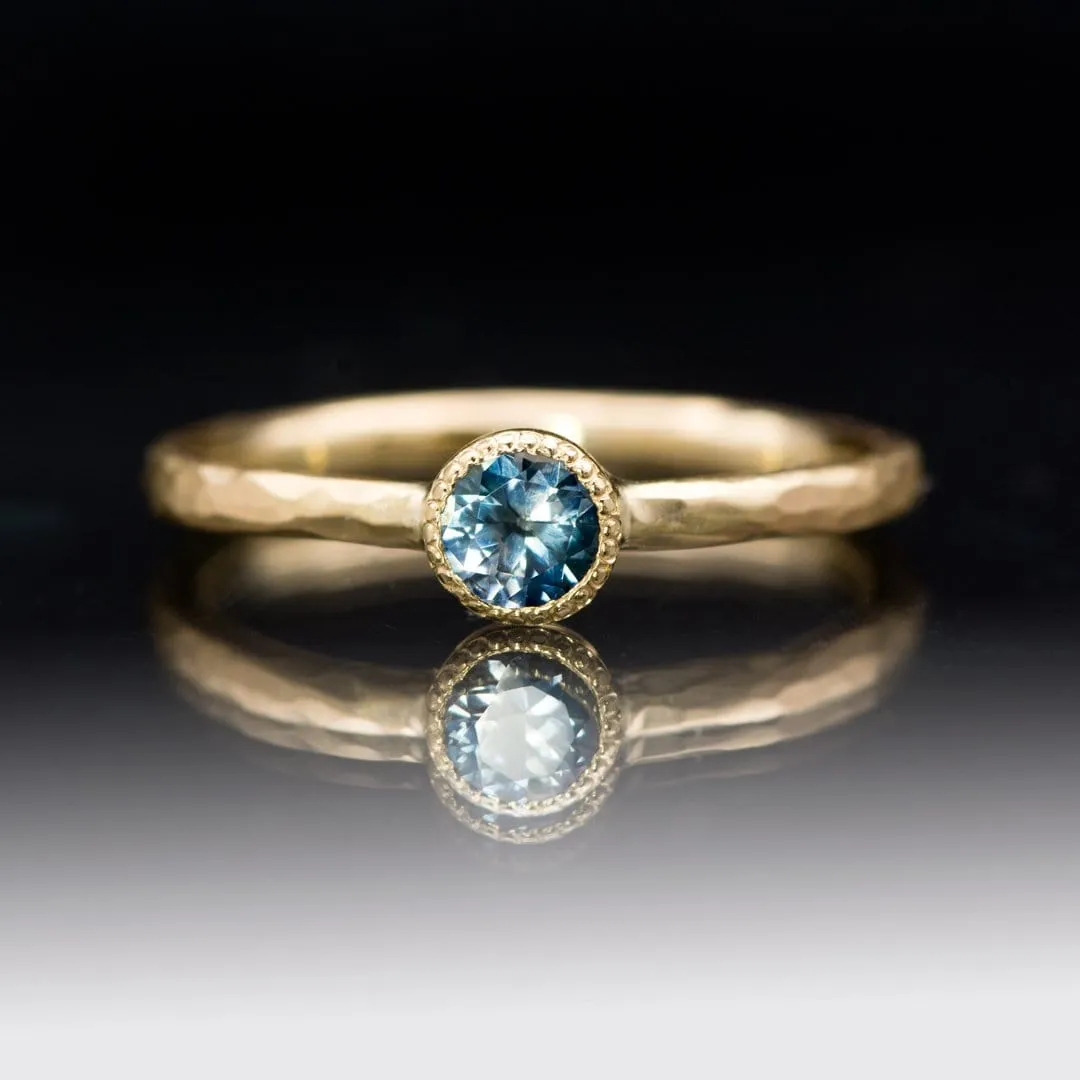 Green/Blue Teal Montana Sapphire Milgrain Textured Bezel Skinny Stacking Solitaire Ring