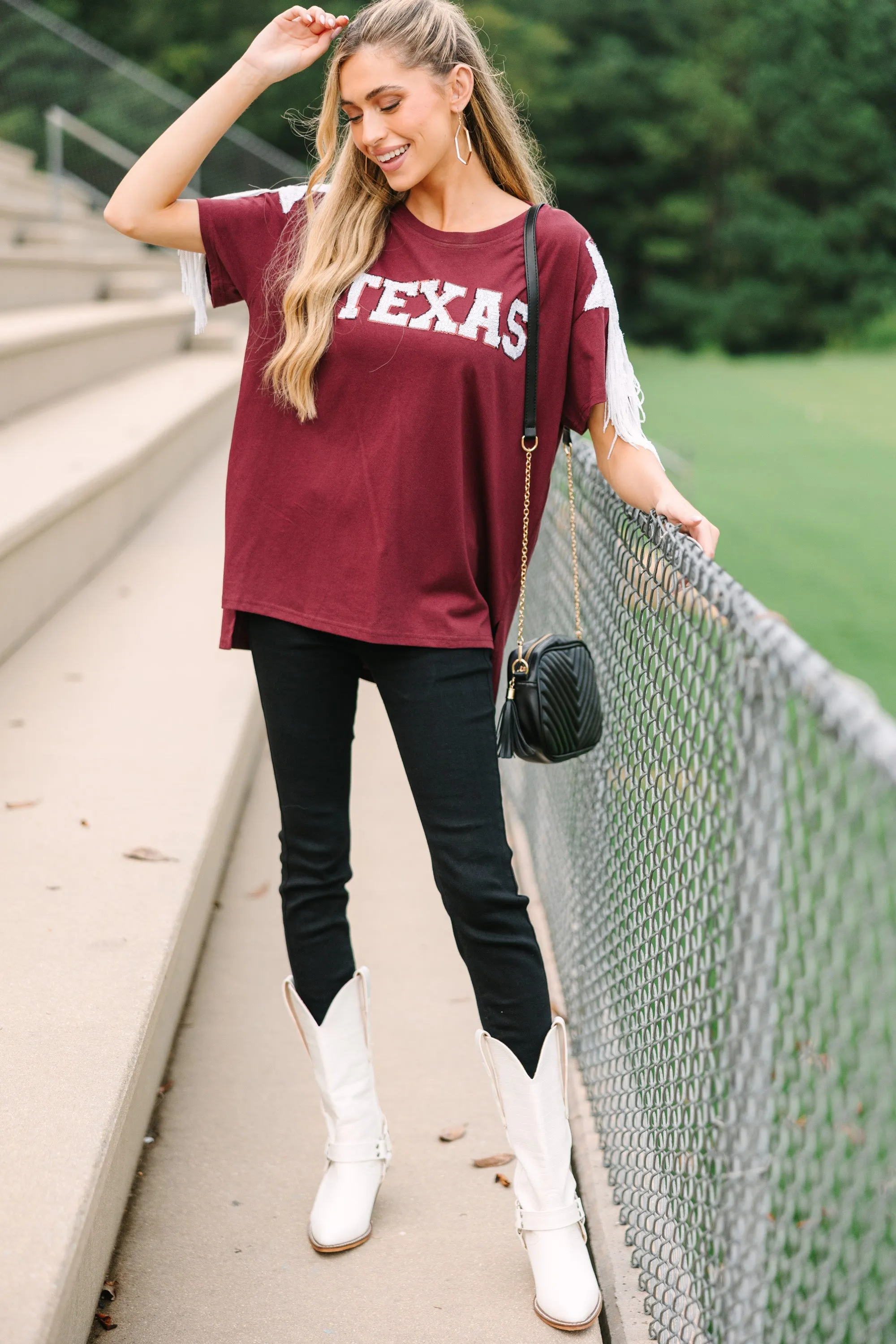 Howdy Maroon Red Sequin Top