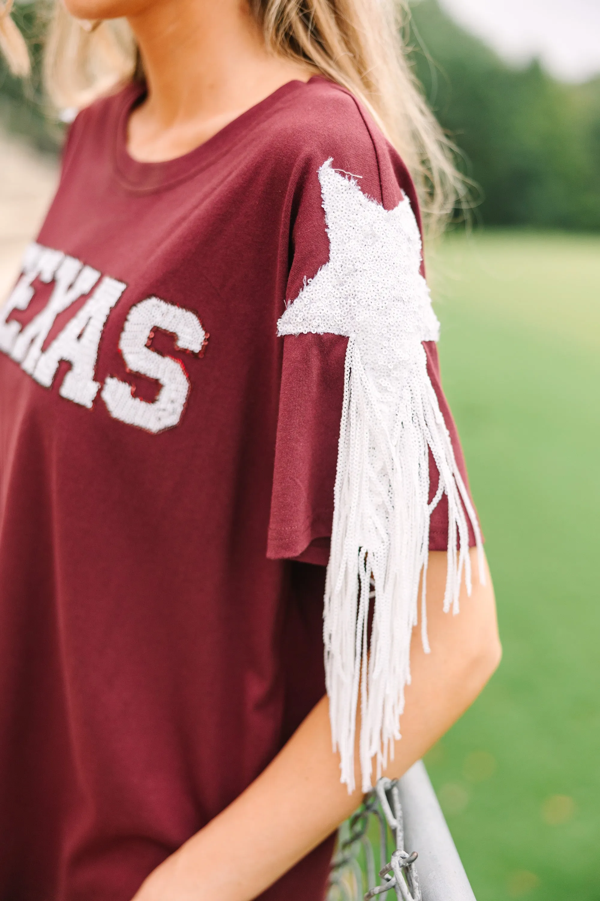 Howdy Maroon Red Sequin Top