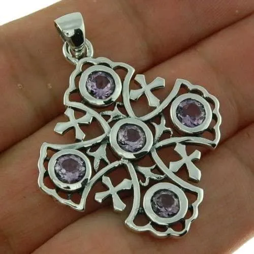 Jerusalem Cross Sterling Silver 925 Pendant With Purple Gemstones