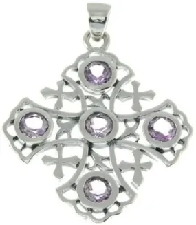 Jerusalem Cross Sterling Silver 925 Pendant With Purple Gemstones