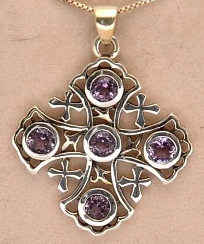 Jerusalem Cross Sterling Silver 925 Pendant With Purple Gemstones