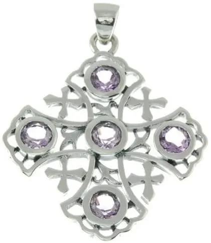 Jerusalem Cross Sterling Silver 925 Pendant With Purple Gemstones