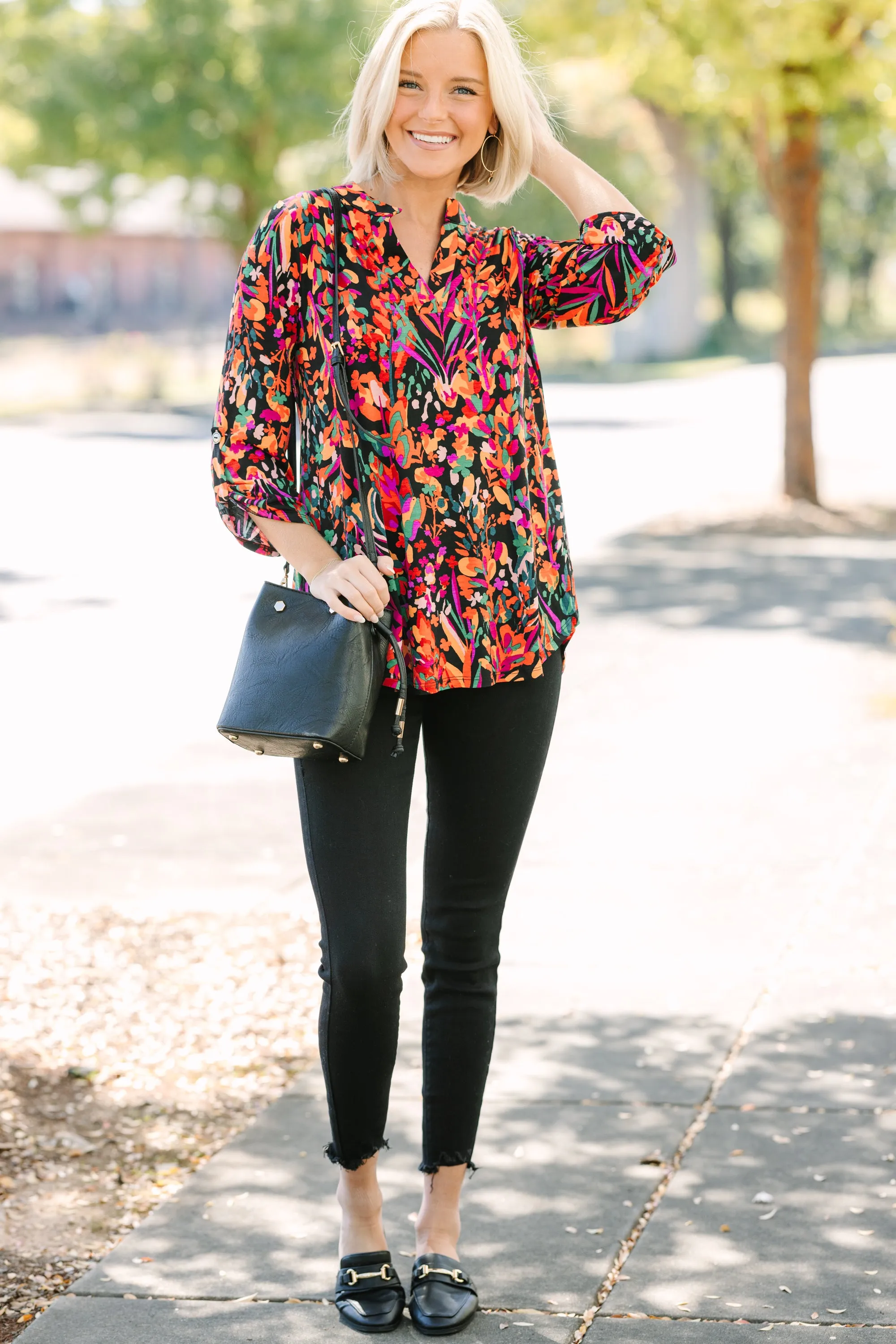 Just For Me Black Floral Blouse