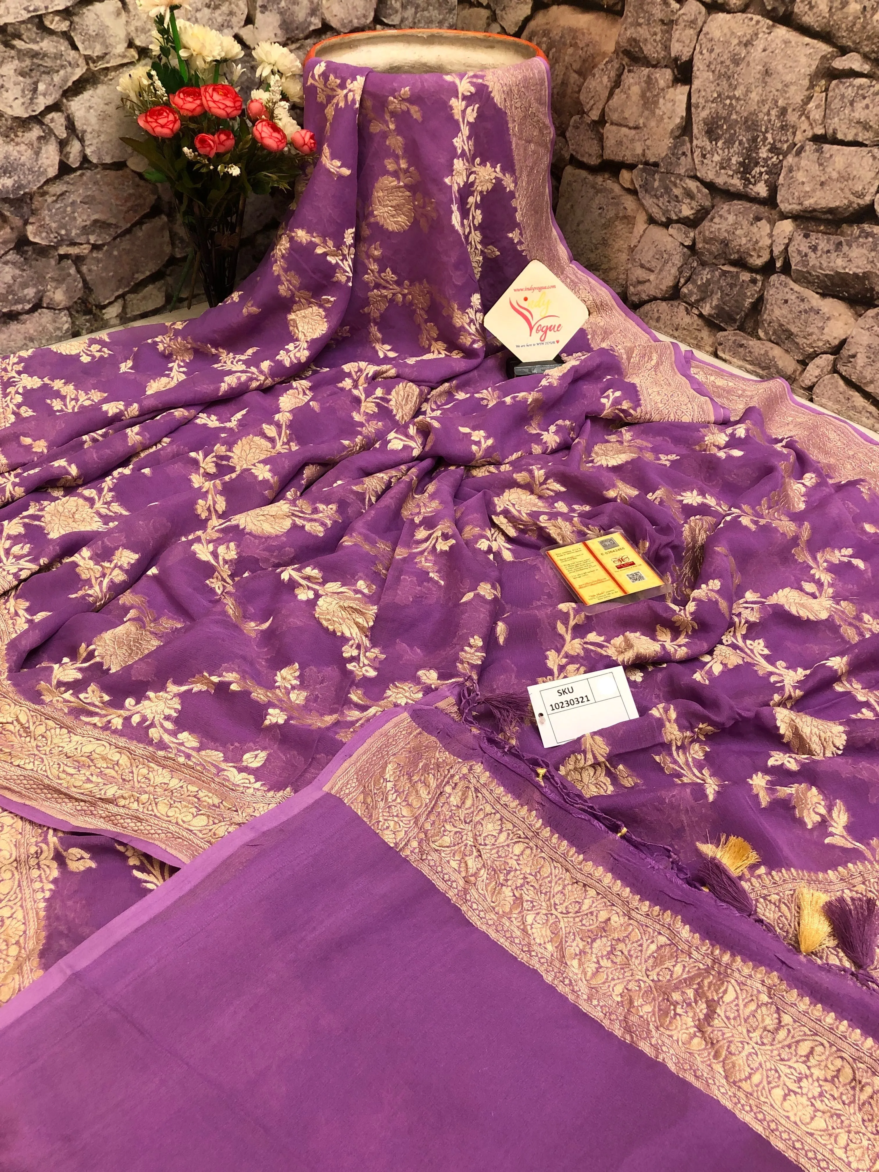 Lavender Color Pure Khaddi Georgette Banarasi Saree