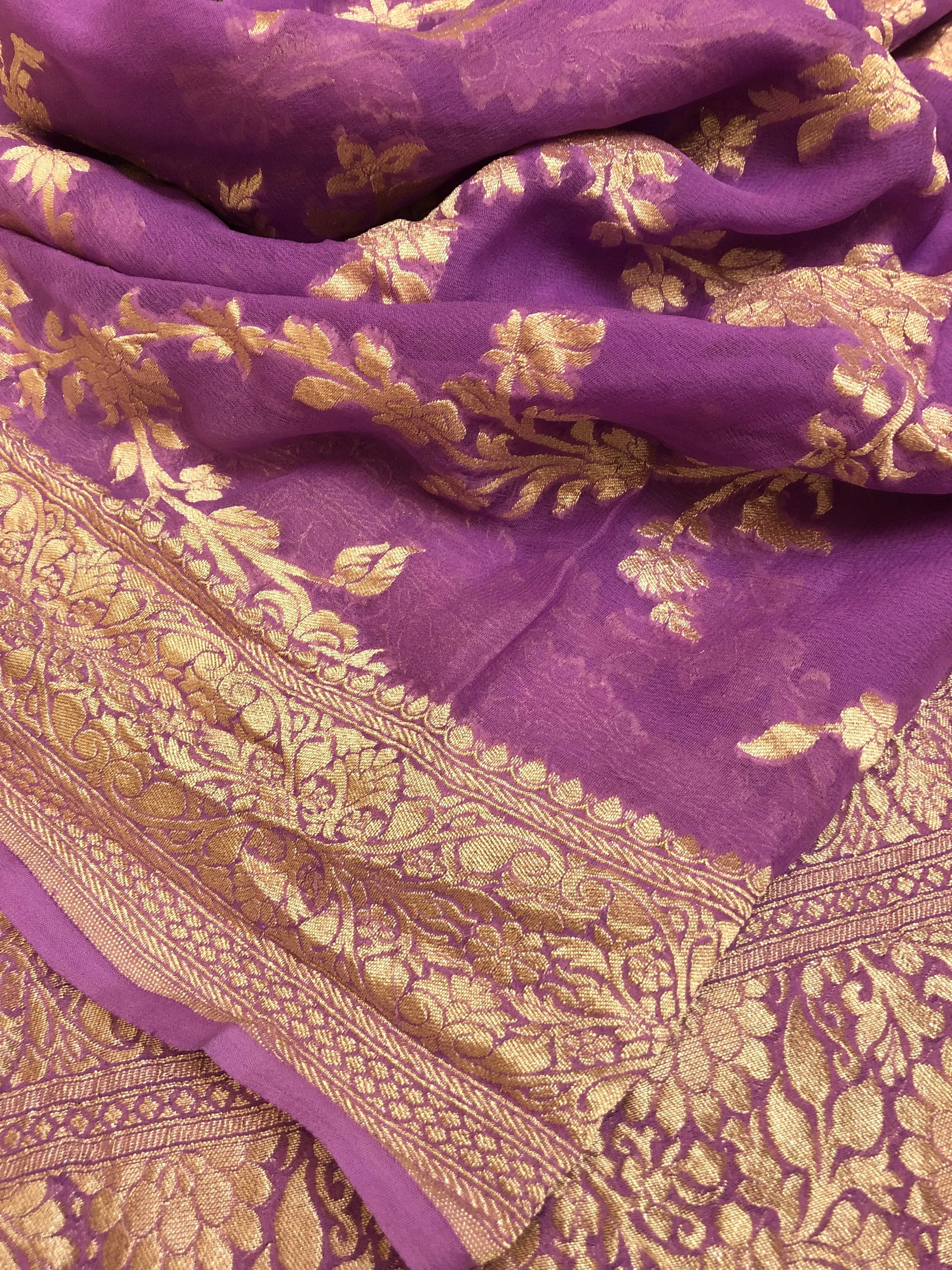 Lavender Color Pure Khaddi Georgette Banarasi Saree