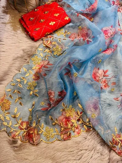 Light Blue Soft Organza Silk Floral Digital Print Saree