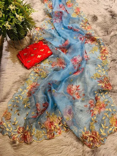 Light Blue Soft Organza Silk Floral Digital Print Saree