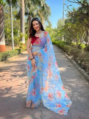 Light Blue Soft Organza Silk Floral Digital Print Saree