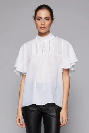 Limbo Porcelain Ramie Short Floaty Sleeve High Neck Blouse