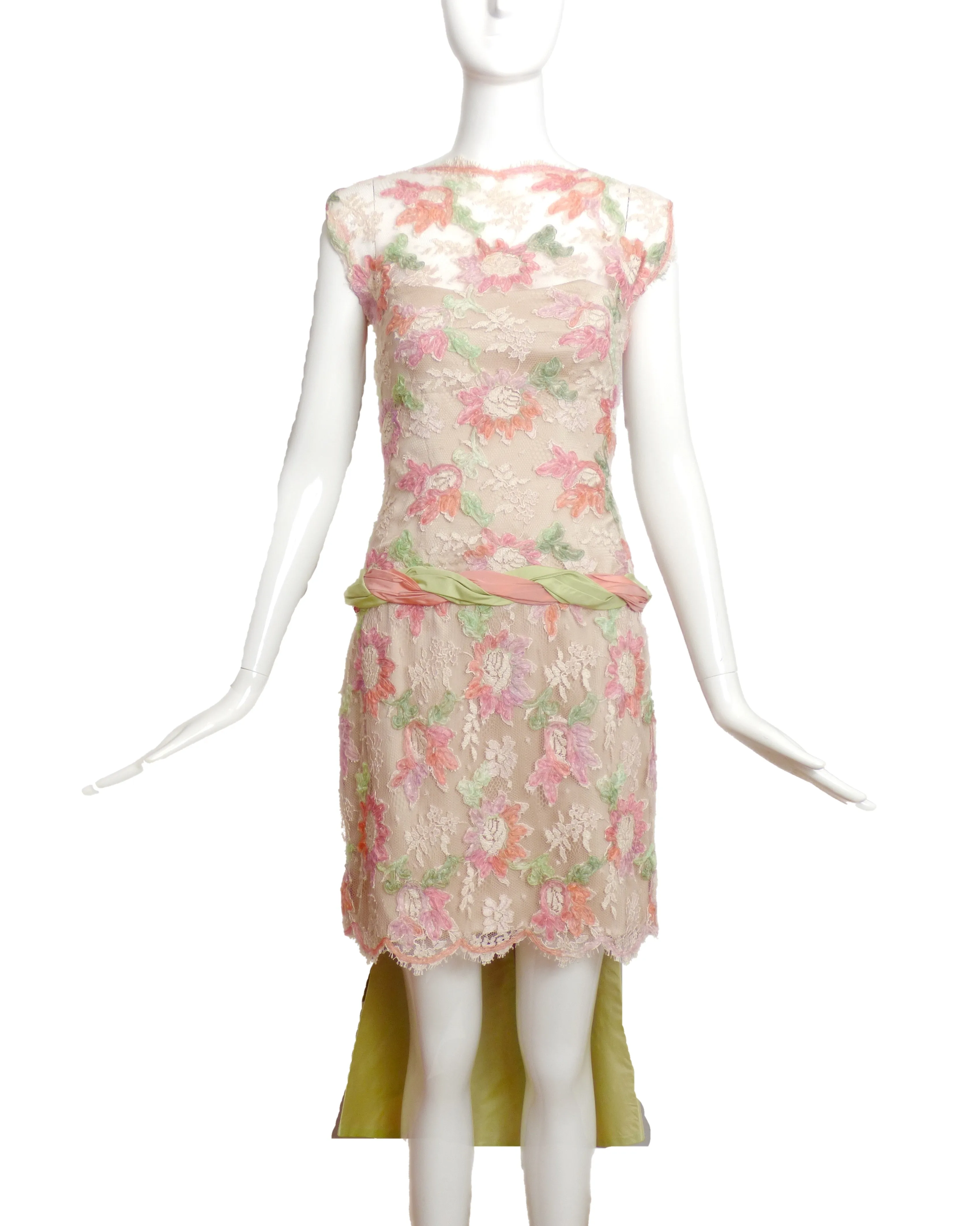 LINDA CIERACH-1990s Floral Lace & Silk Dress, Size 6