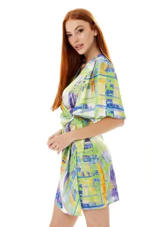 Liquorish Abstract Print Mini Dress Green With Short Sleeves