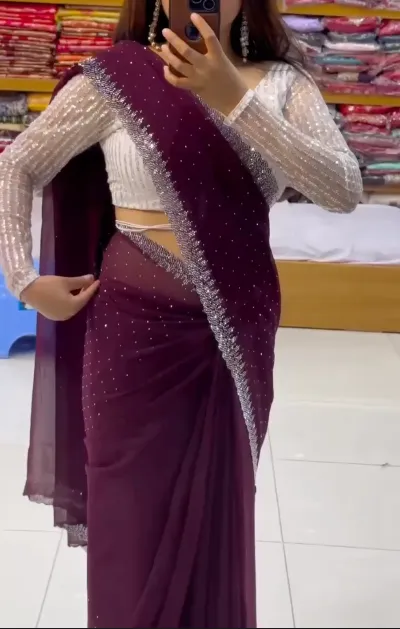 Maroon Silver Patywear Designer Saree