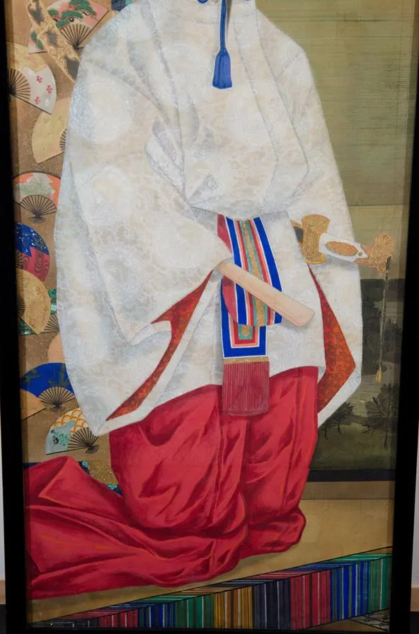 Meiji Period Japanese Imperial Painting on Silk with Man in White and Red