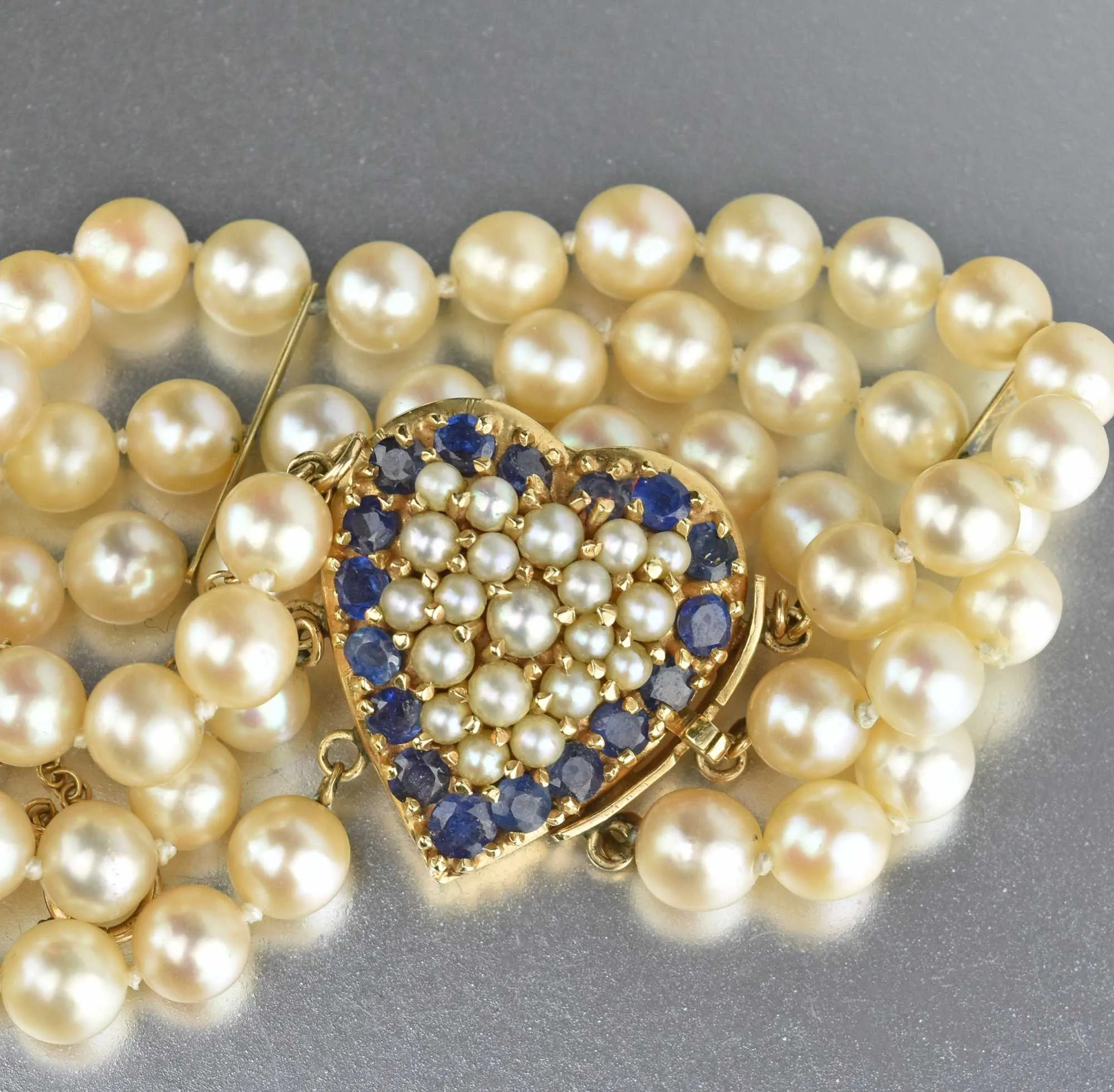 Mid Century Sapphire & Pearl 14K Gold Heart Bracelet