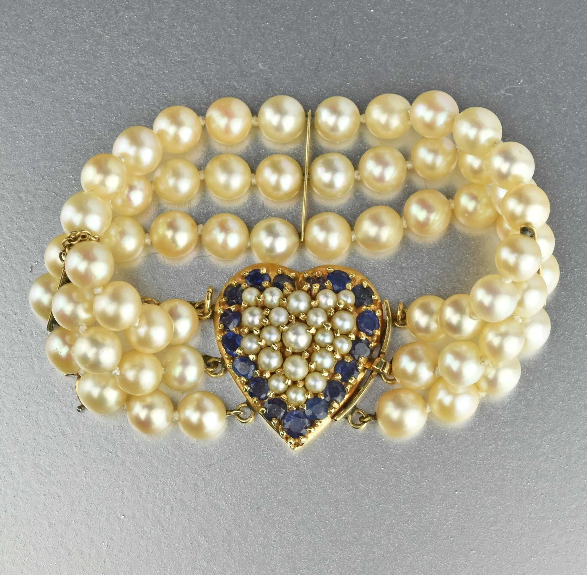 Mid Century Sapphire & Pearl 14K Gold Heart Bracelet