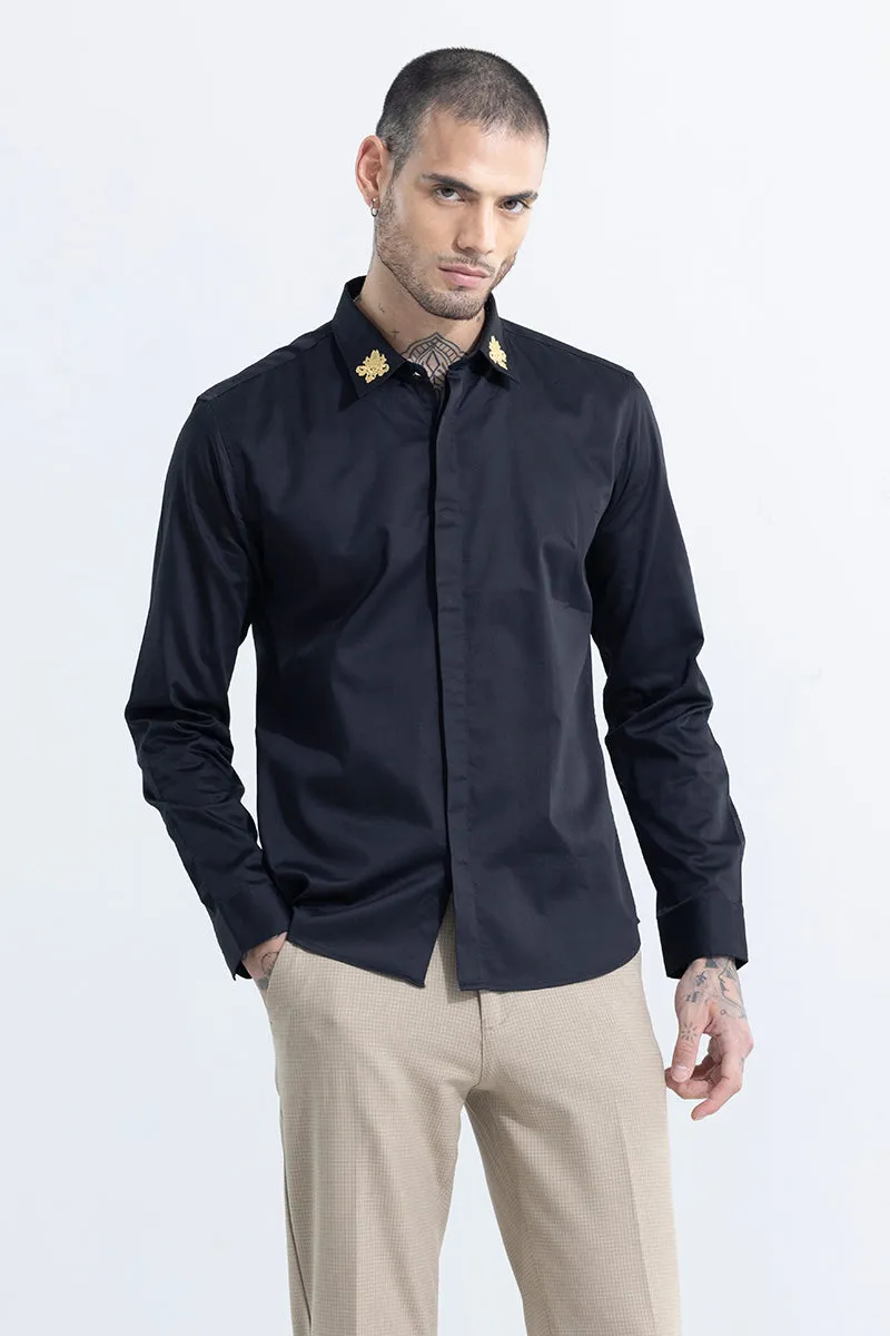 Motif  Flower  Embroidered Black Shirt