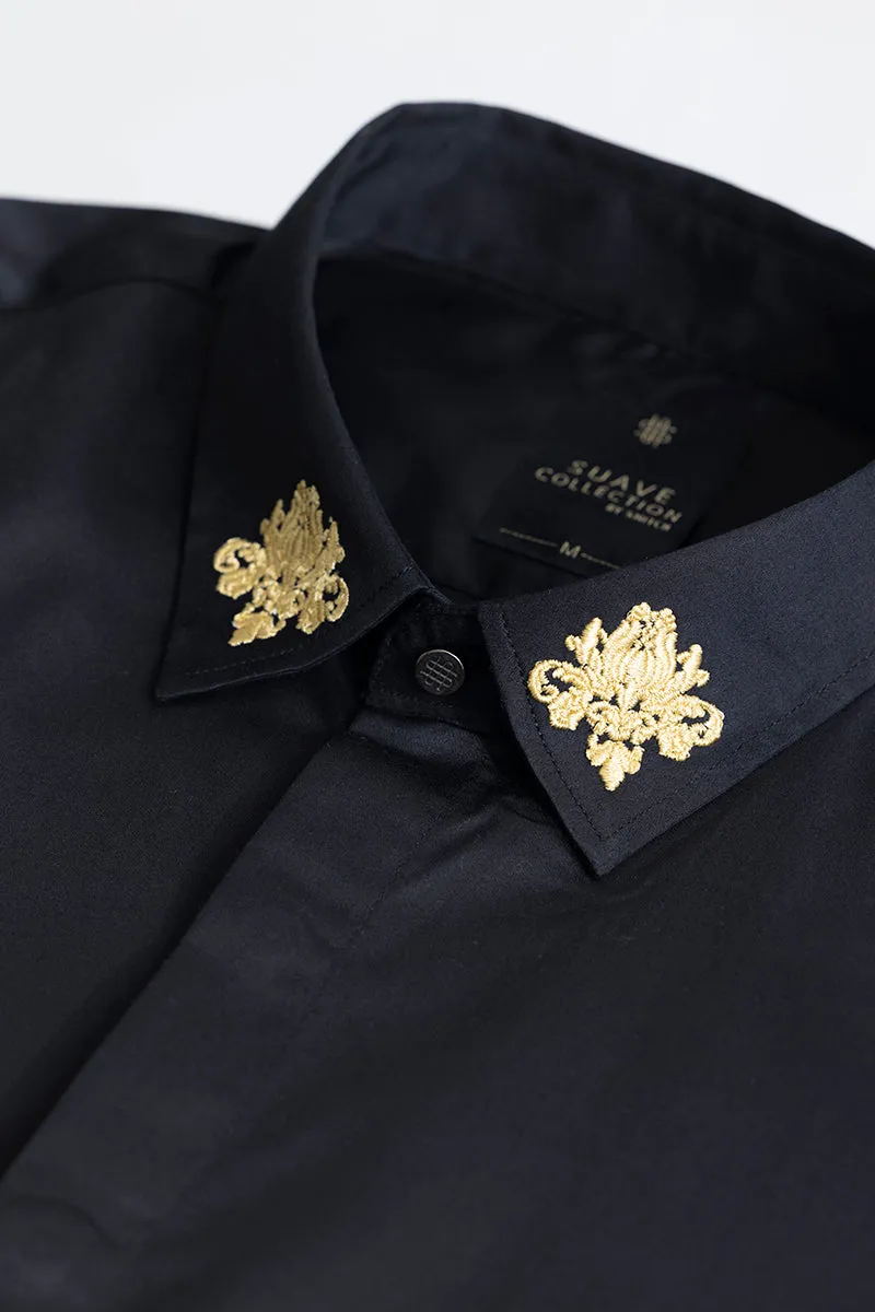 Motif  Flower  Embroidered Black Shirt