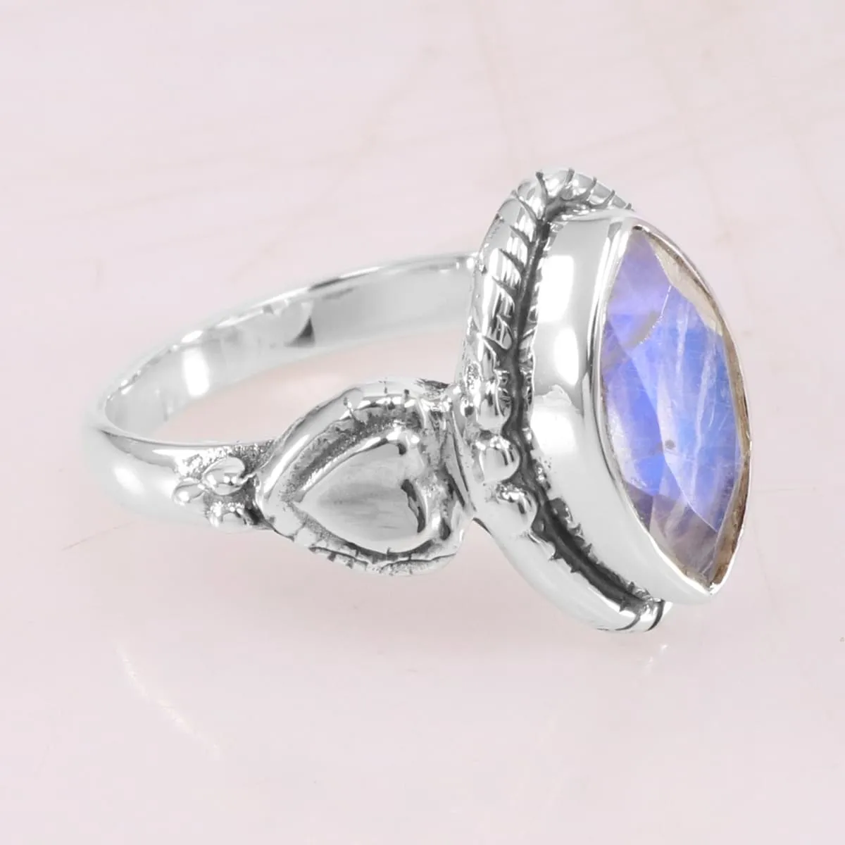 Natural Blue Flashy Rainbow Moonstone Sterling Silver Ring, Stacking Ring, 925 Silver Midi Ring, Blue Moonstone Ring, Nickel Free