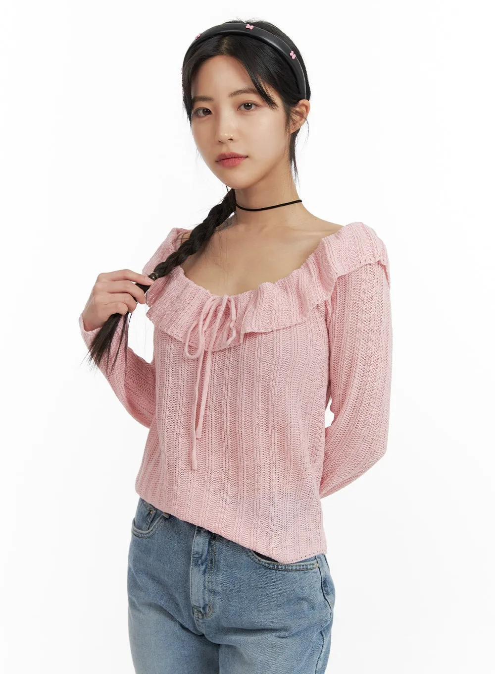 Off-Shoulder Ruffle Knit Top OF422