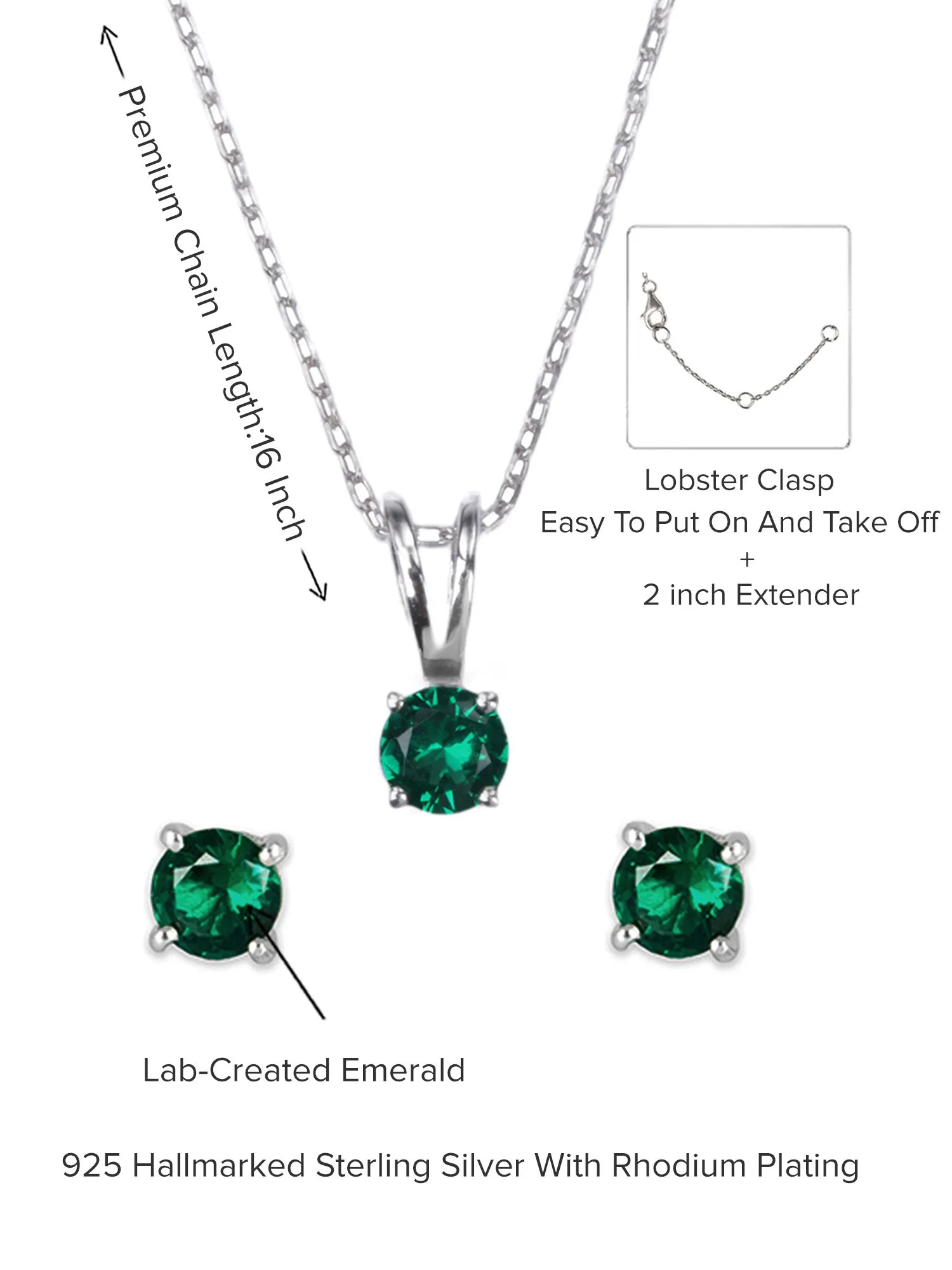 Ornate Jewels Emerald Solitaire Necklace With Earrings