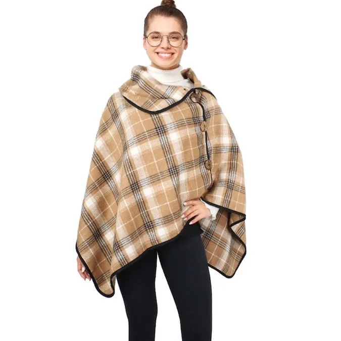 Plaid Check Patterned Coconut Button Poncho Wrap Shawl