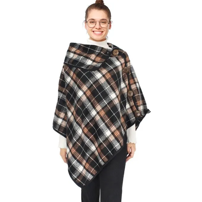 Plaid Check Patterned Coconut Button Poncho Wrap Shawl