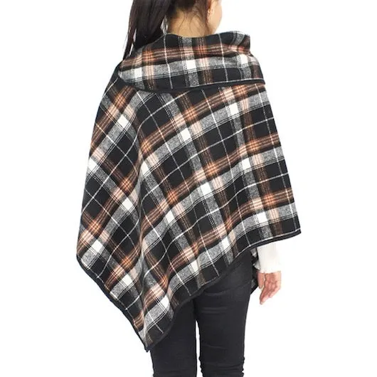 Plaid Check Patterned Coconut Button Poncho Wrap Shawl