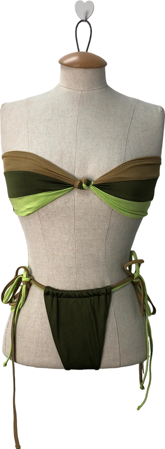 PrettyLittleThing Green Three Tone Tie Side Bikini UK 8