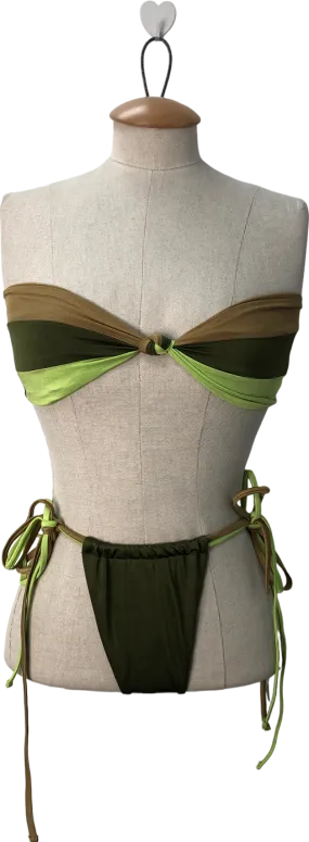 PrettyLittleThing Green Three Tone Tie Side Bikini UK 8