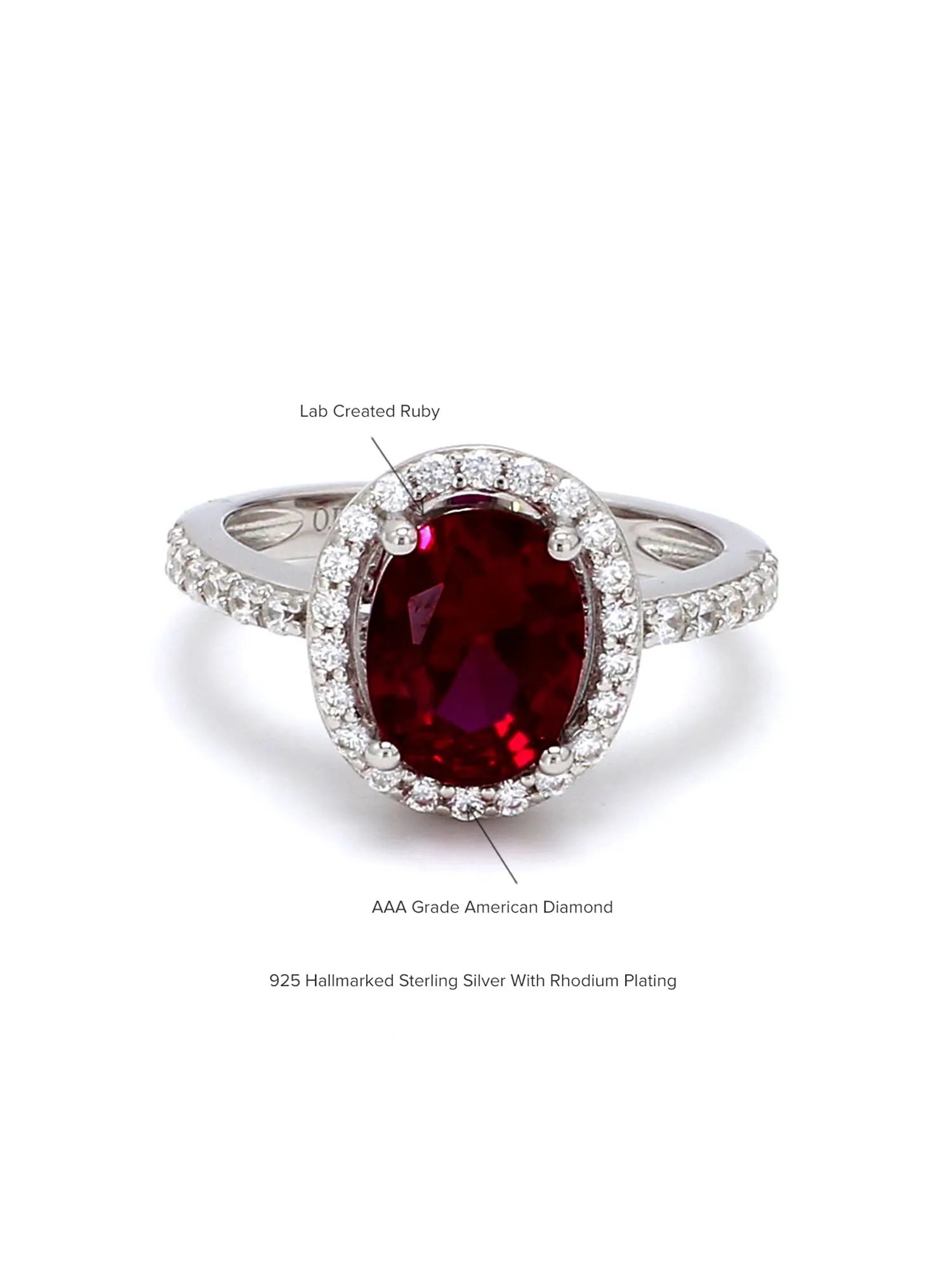 Red Ruby And American Diamond Halo Ring In 925 Silver