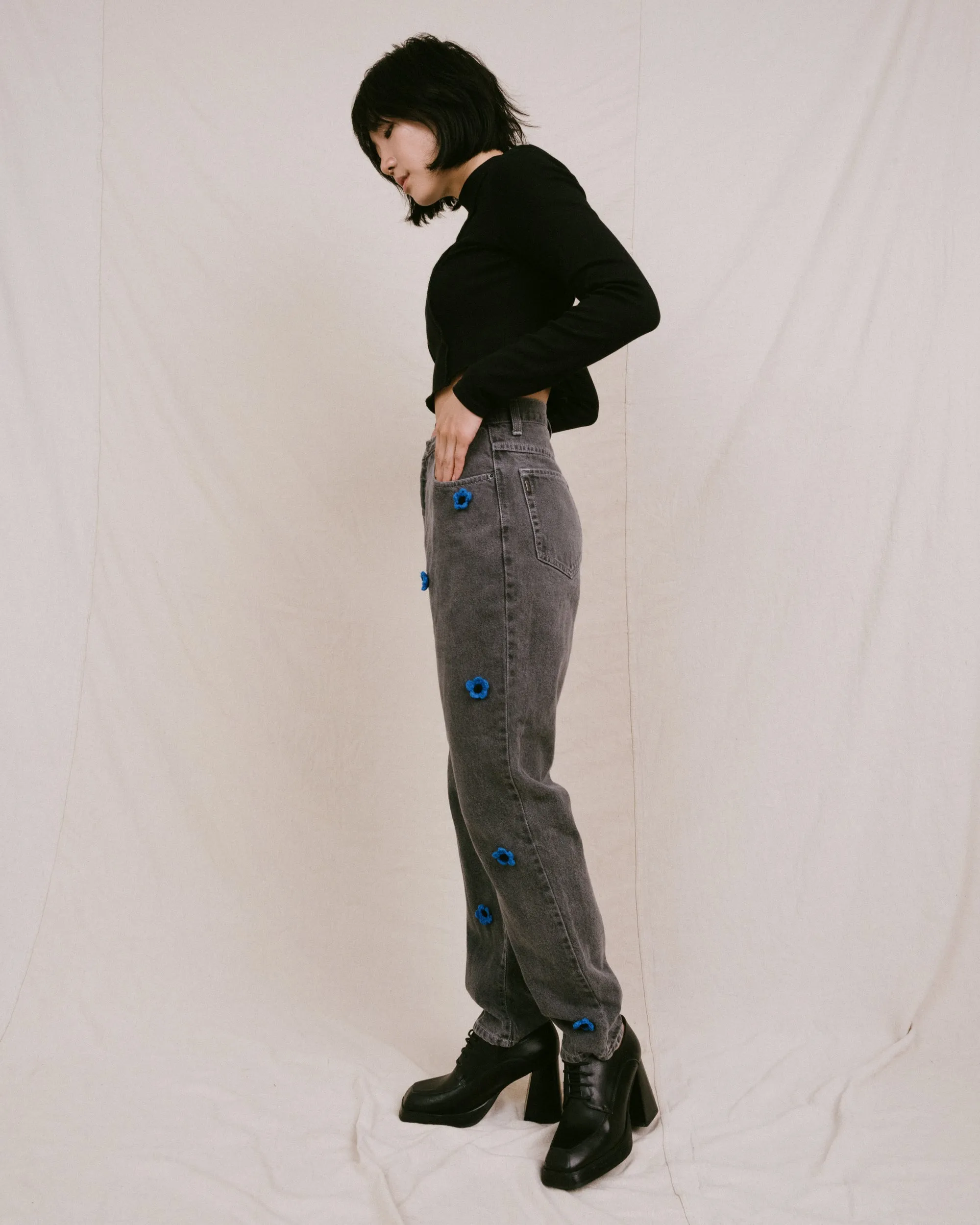 Remade Vintage Flower Denim Pants (S)