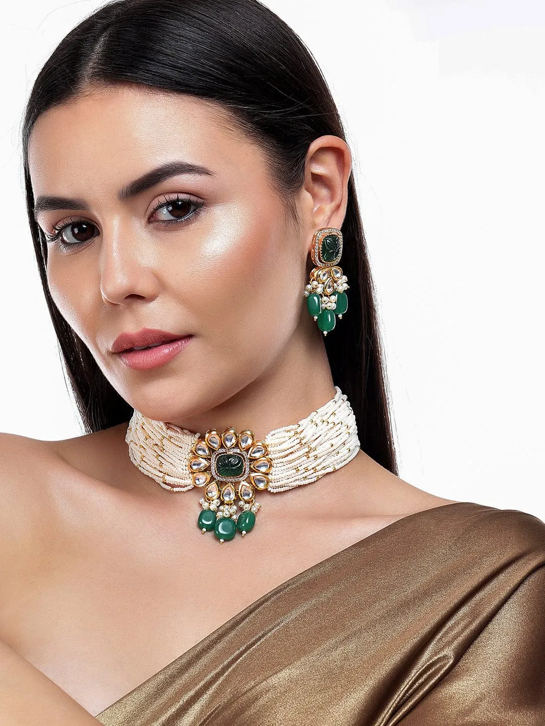 Rubans Gold Plated Kundan Choker Set With Green Stones And White Beads