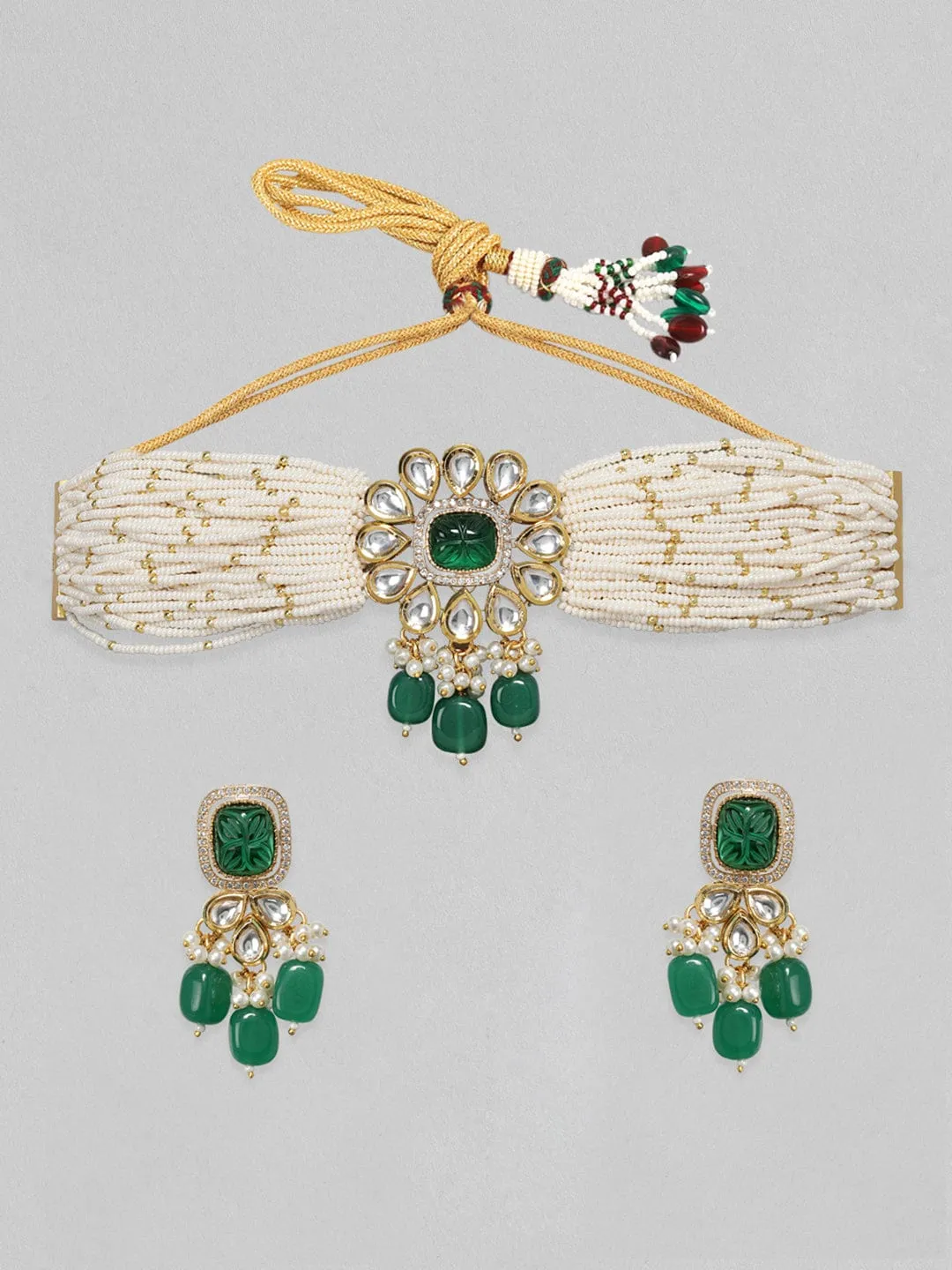 Rubans Gold Plated Kundan Choker Set With Green Stones And White Beads