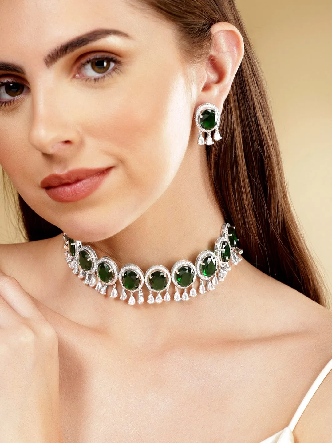 Rubans Rhodium Plated Premium White & Emerald Solitaire Zircons Necklace Set.