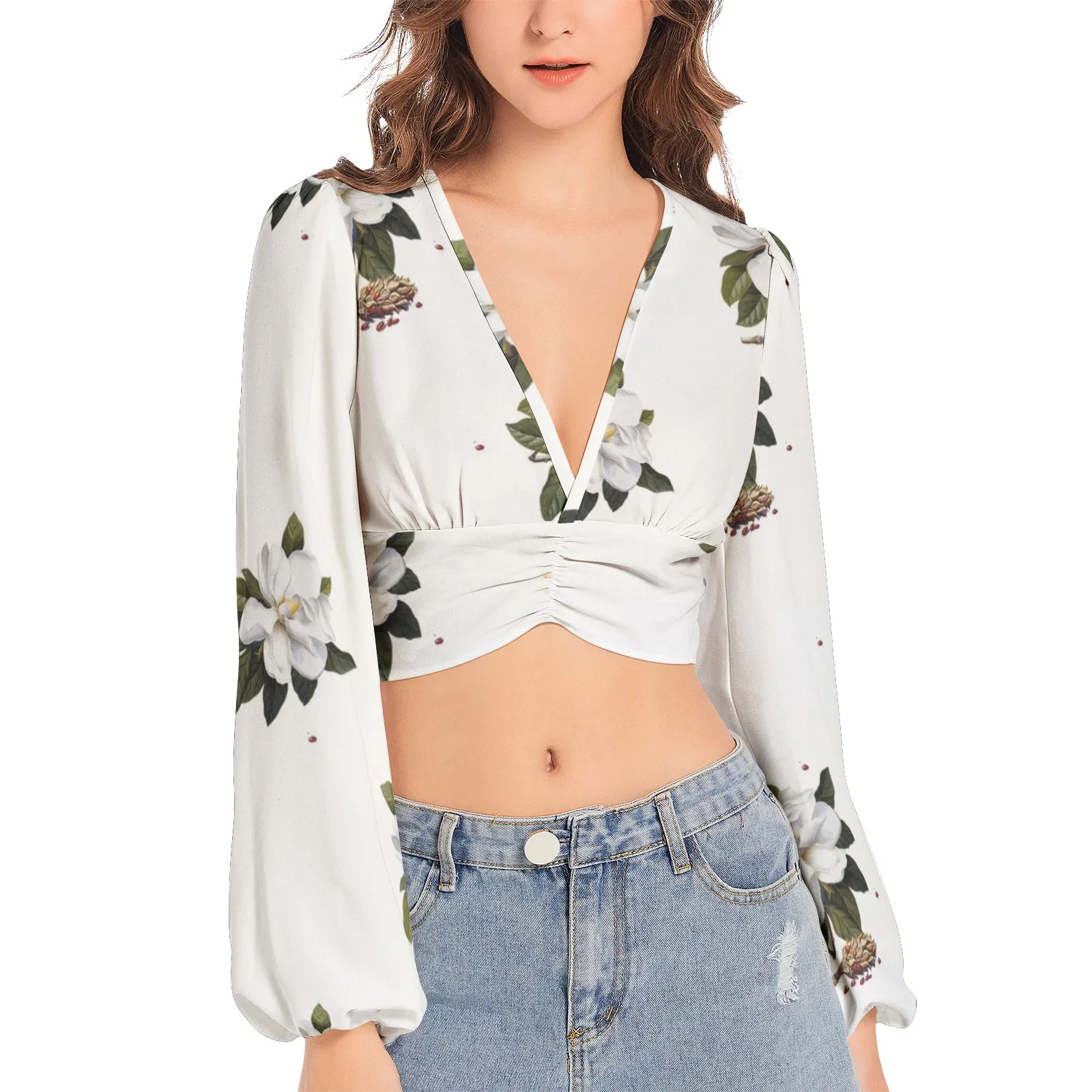 Scent of Magnolia Women's Deep V-Neck Lantern Sleeve Crop Top