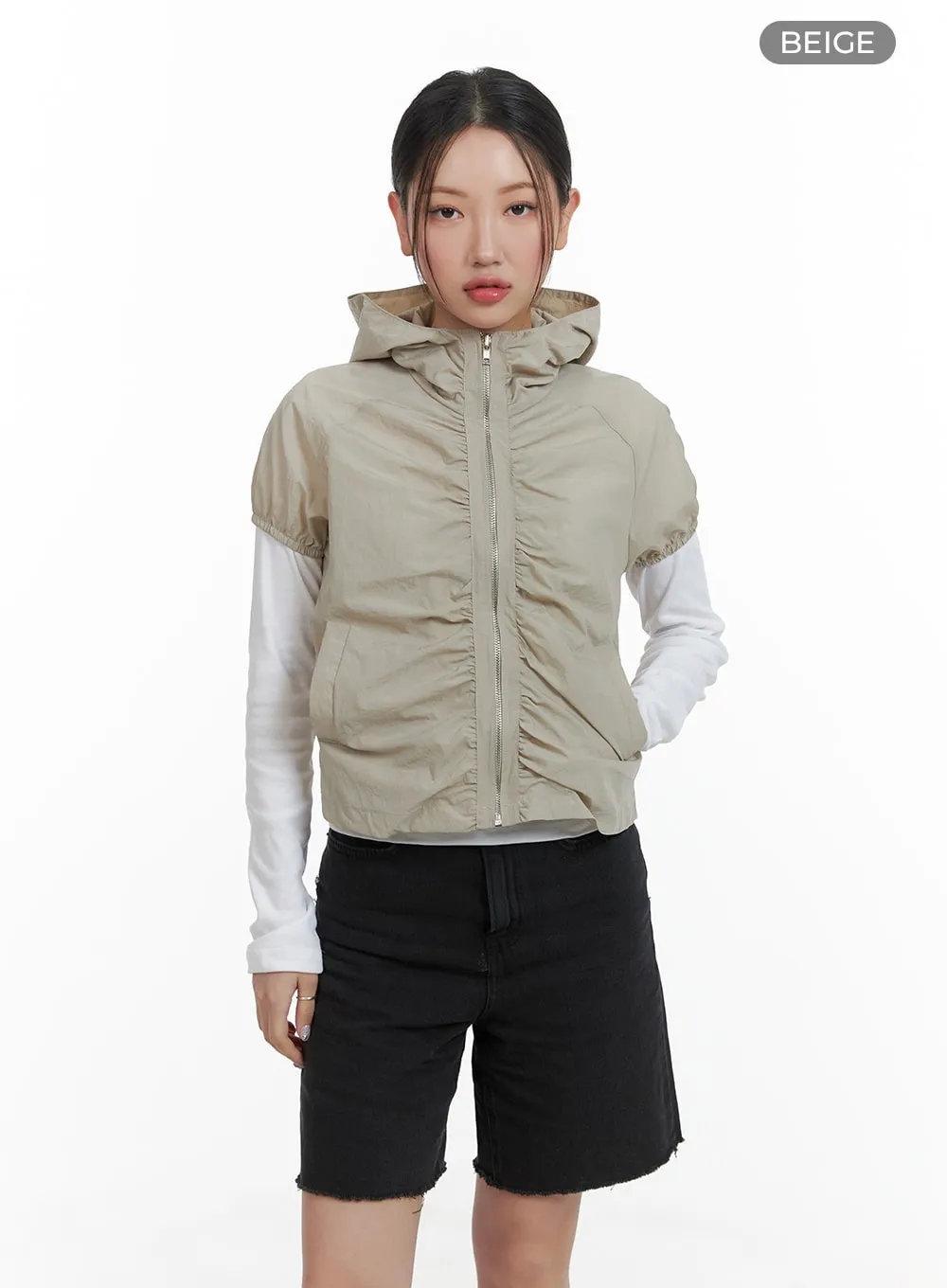 Shirred Hooded Short-Sleeve Nylon Jacket CA415