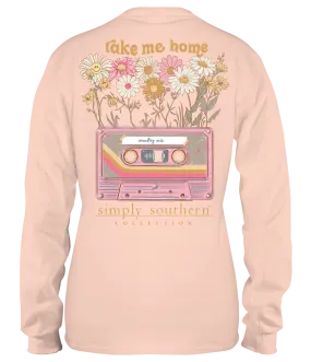 Simply Southern 100% Cotton Long Sleeve T-Shirt - 'Take Me Home' with Floral Design and Vintage Cassette Tape