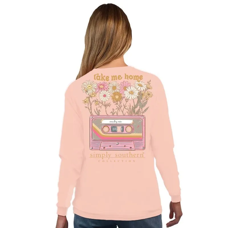 Simply Southern 100% Cotton Long Sleeve T-Shirt - 'Take Me Home' with Floral Design and Vintage Cassette Tape