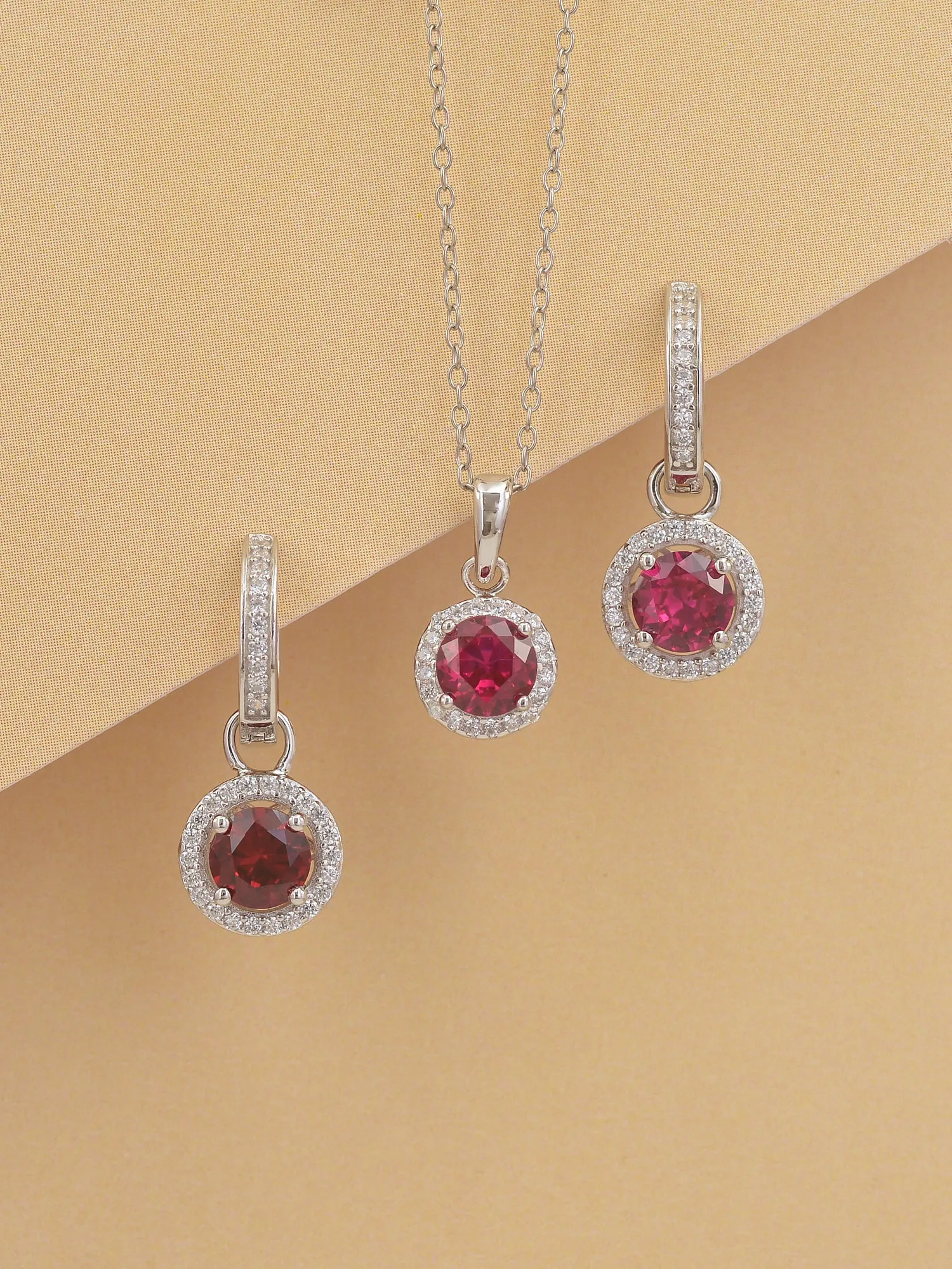 Sterling Silver Red Ruby Halo Necklace With Earrings