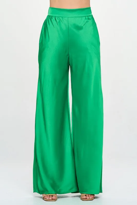 Stretch Satin Pants with Elastic Waist and Pockets