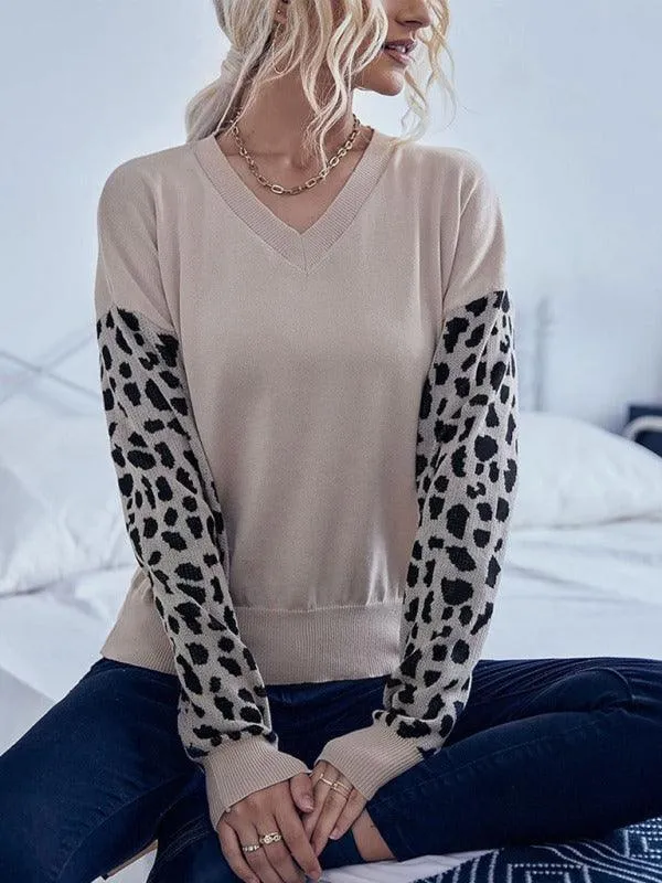 V-Neck Knitted Sweater Top Women With Wild Print Sleeves