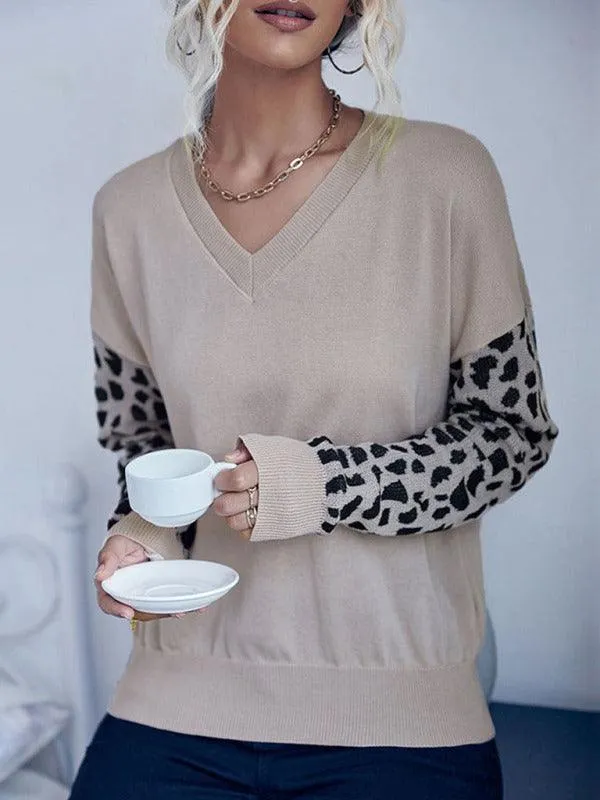 V-Neck Knitted Sweater Top Women With Wild Print Sleeves